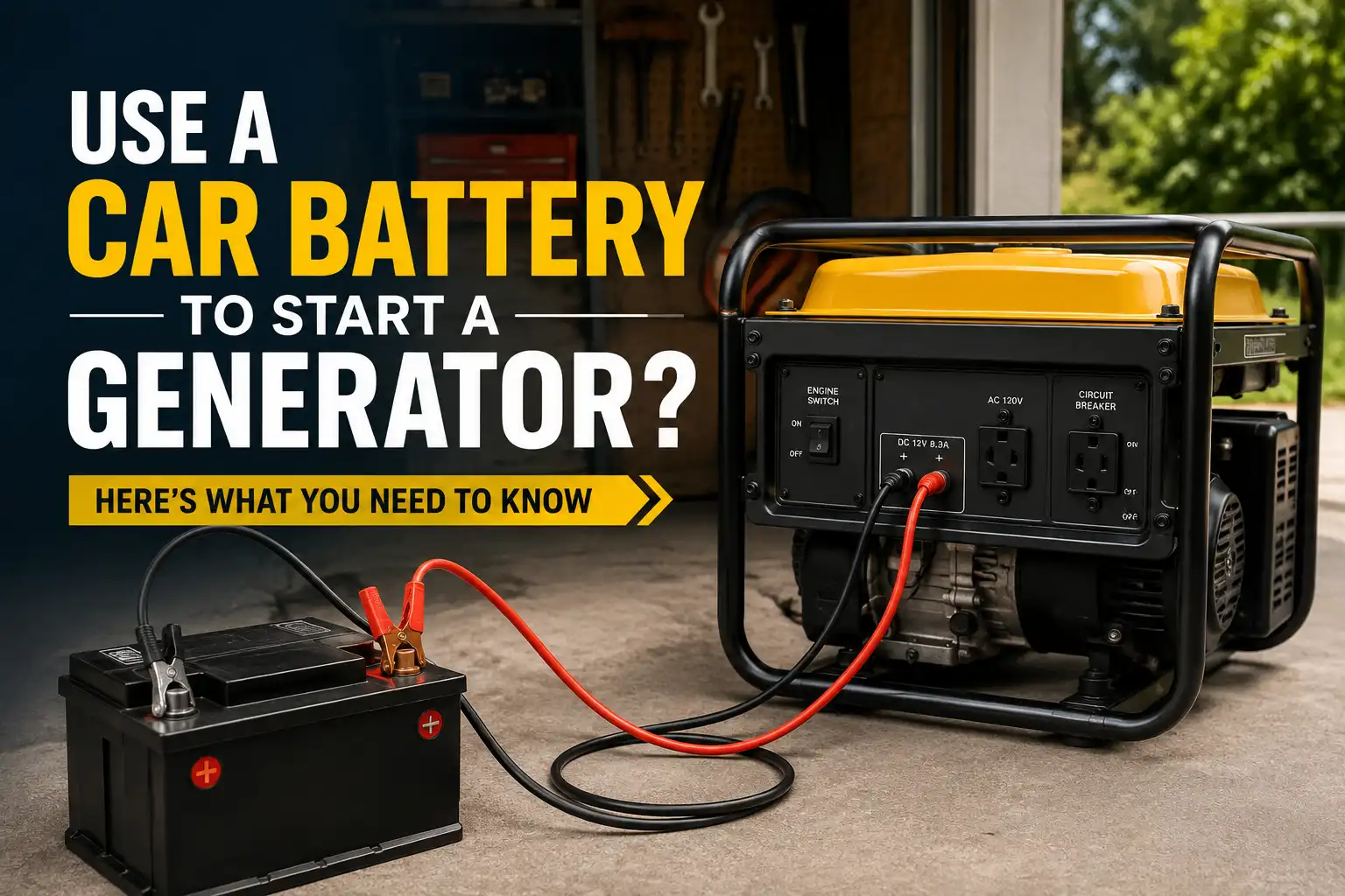 Car battery connected to a portable generator to illustrate starting a generator with a car battery