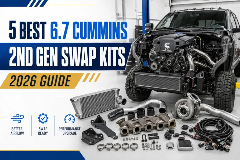 6.7 Cummins 2nd Gen swap kit components displayed beside a diesel truck, including turbo, intercooler, piping, mounts, and wiring