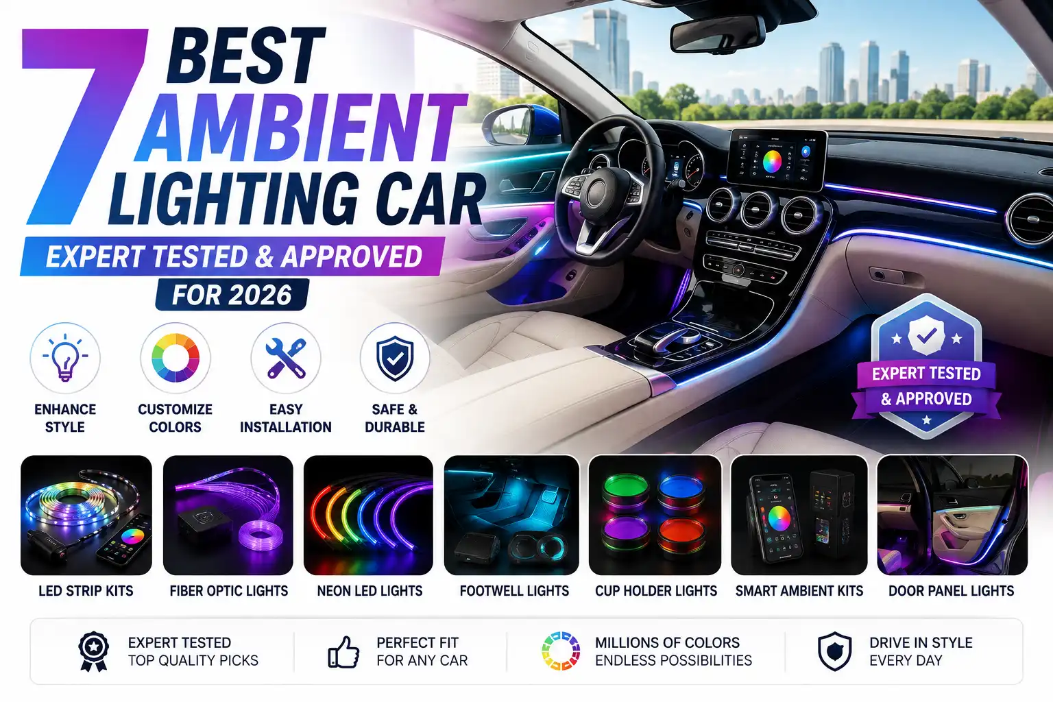 Seven best ambient lighting options for cars in 2026, featuring LED strips, fiber optics, footwell, and door lights