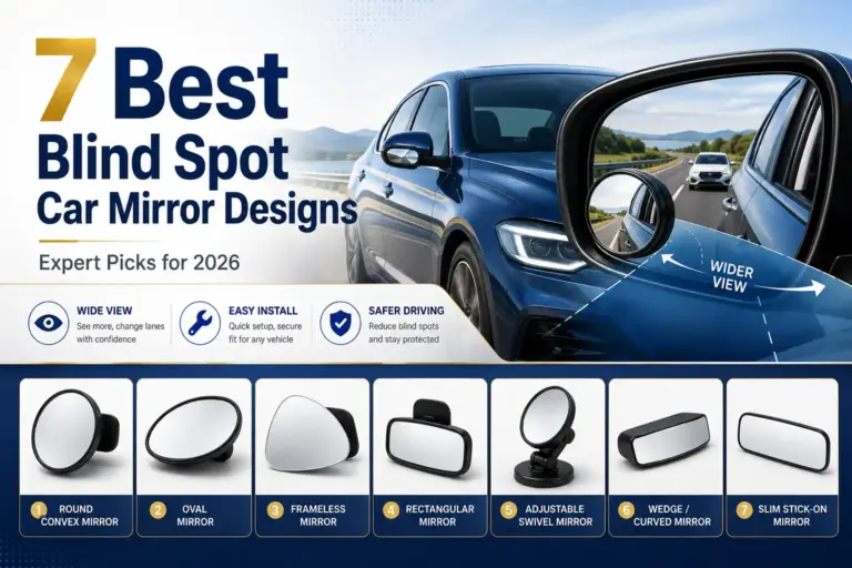 Blind spot car mirror design comparison showing seven popular mirror types for wider visibility and safer lane changes