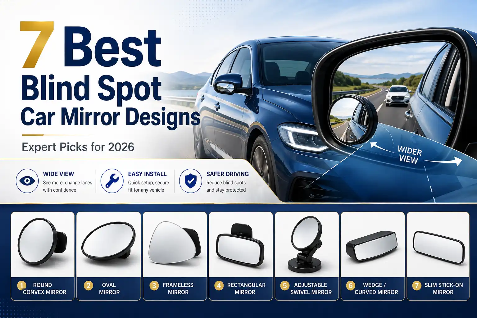 Blind spot car mirror design comparison showing seven popular mirror types for wider visibility and safer lane changes