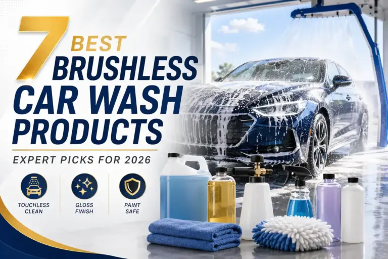 Brushless car wash products beside a foam-covered car, including touchless cleaners, foam sprayer, microfiber towels, and wash solutions