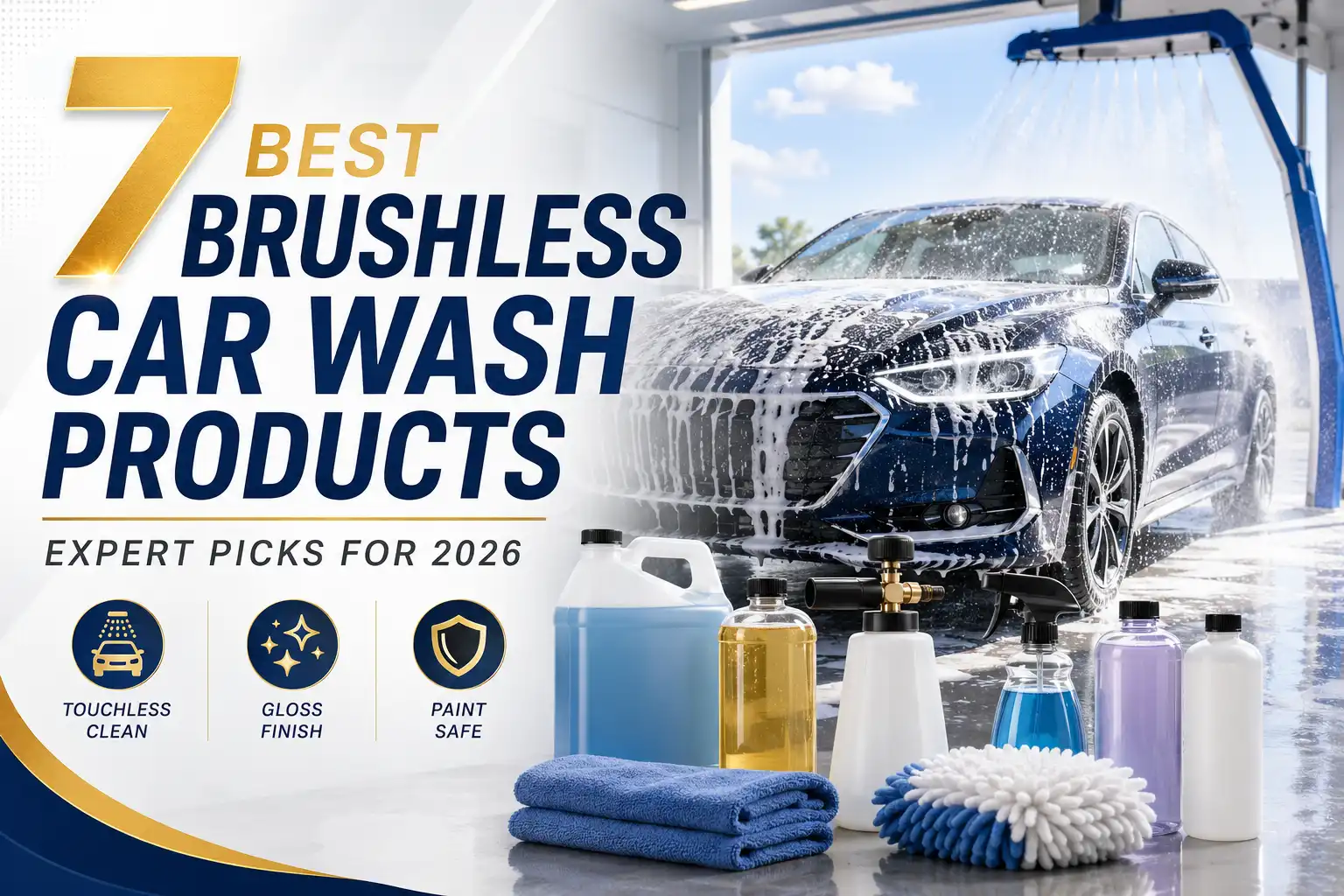 Brushless car wash products beside a foam-covered car, including touchless cleaners, foam sprayer, microfiber towels, and wash solutions