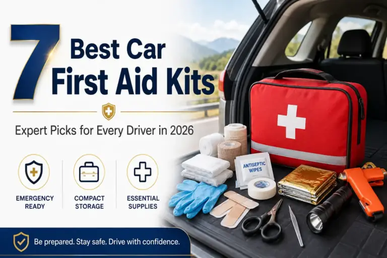 Car first aid kit with bandages, gloves, antiseptic wipes, emergency blanket, flashlight, and essential roadside medical supplies