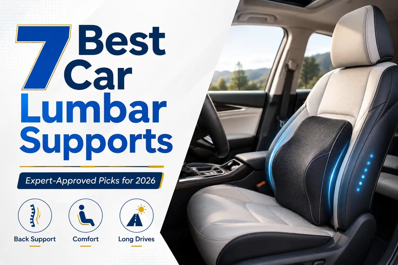Car lumbar support cushion installed on a driver seat for better back support, comfort, and posture during long drives