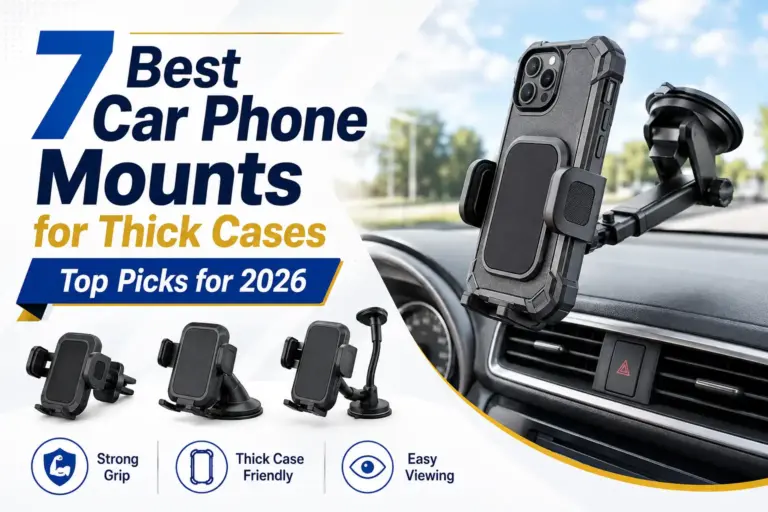 Car phone mount securely holding a smartphone with a thick protective case on a vehicle dashboard