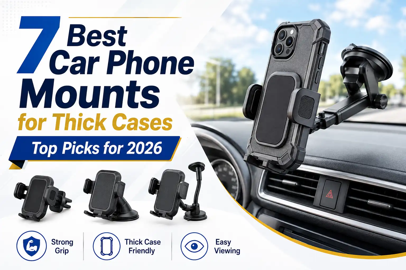 Car phone mount securely holding a smartphone with a thick protective case on a vehicle dashboard