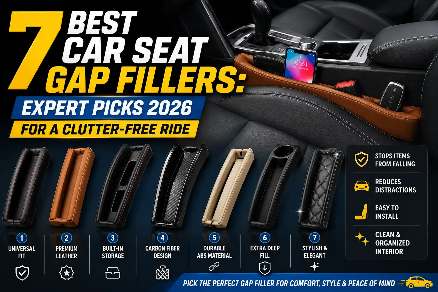 Seven best car seat gap fillers for 2026 shown with organized car interiors and storage designs