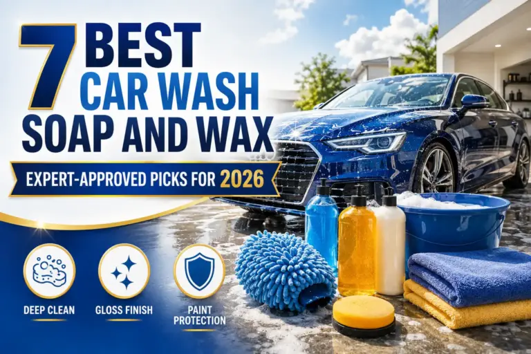 Car wash soap and wax products beside a freshly washed blue car with microfiber mitt, bucket, sponge, and towels