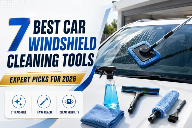 Car windshield cleaning tools including microfiber pads, squeegee, spray bottle, and detailing brushes for streak-free glass cleaning