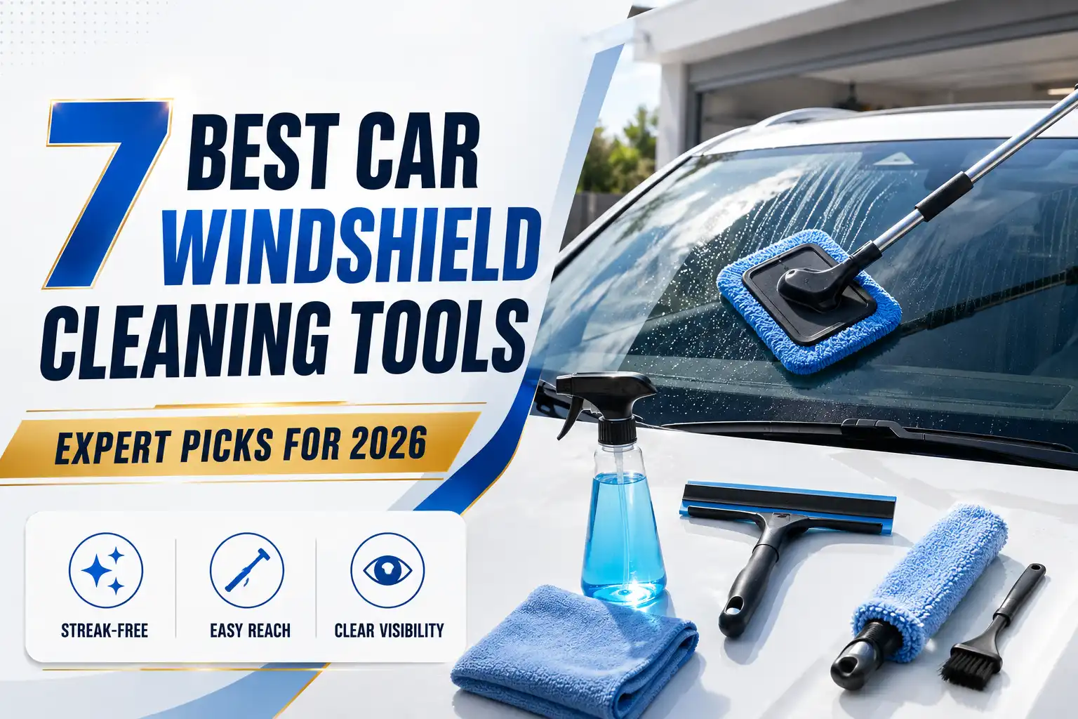 Car windshield cleaning tools including microfiber pads, squeegee, spray bottle, and detailing brushes for streak-free glass cleaning