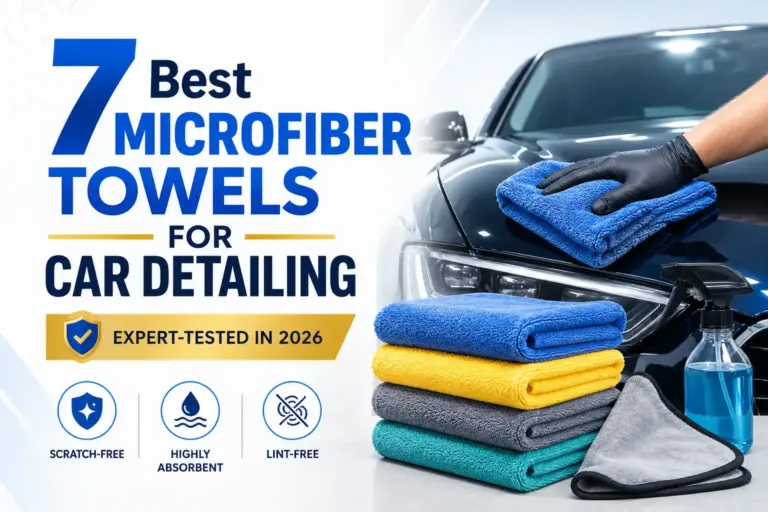Microfiber towels for car detailing stacked beside a car, showing soft, scratch-free, lint-free, and highly absorbent cleaning towels