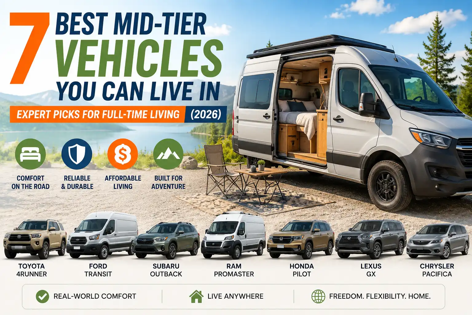 Seven best mid-tier vehicles for full-time living in 2026, including vans, SUVs, and a camper-style vehicle