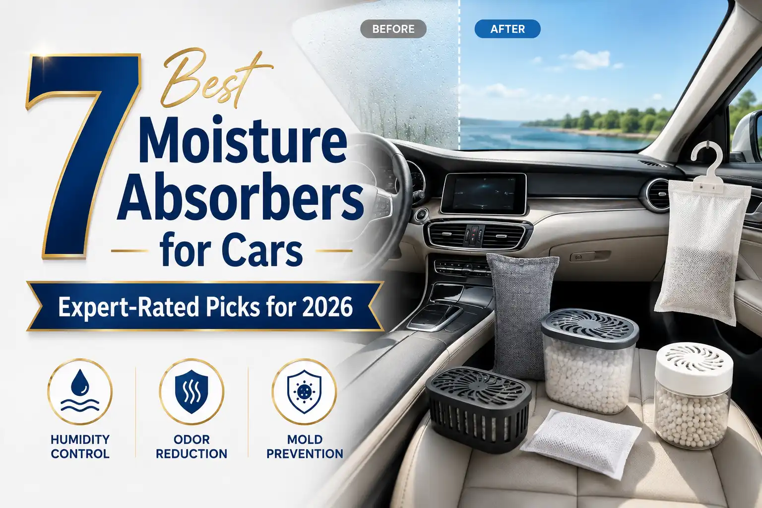 Car moisture absorbers inside a vehicle cabin helping reduce humidity, odors, condensation, and excess moisture