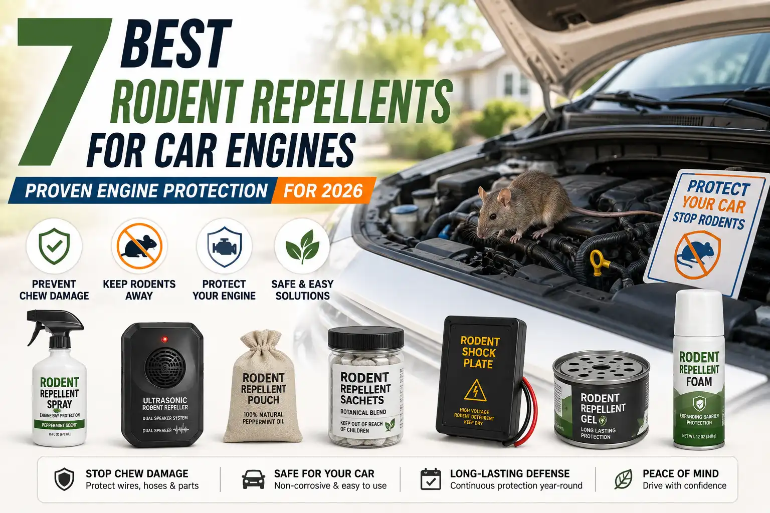 Seven best rodent repellents for car engines in 2026 with sprays, ultrasonic devices, pouches, and other protection options.