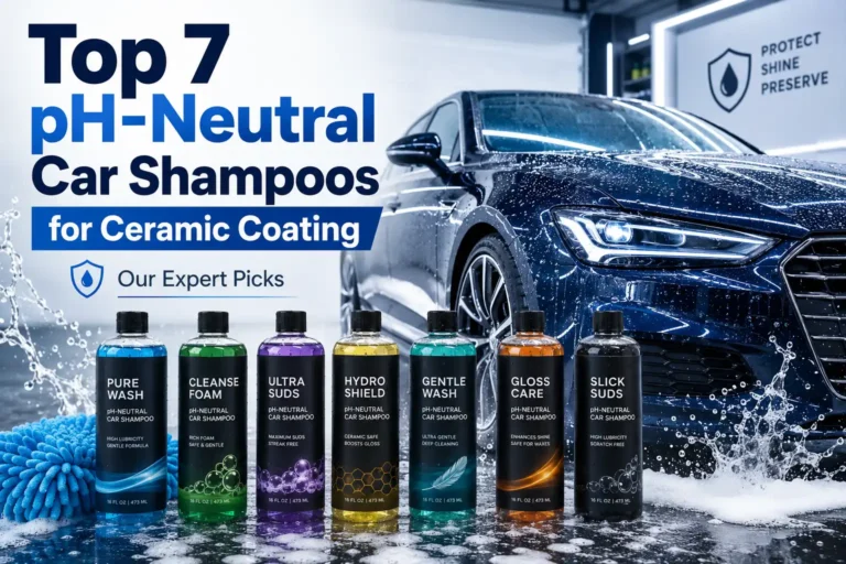 Top 7 pH-neutral car shampoos for ceramic coating displayed beside a glossy, freshly washed car.