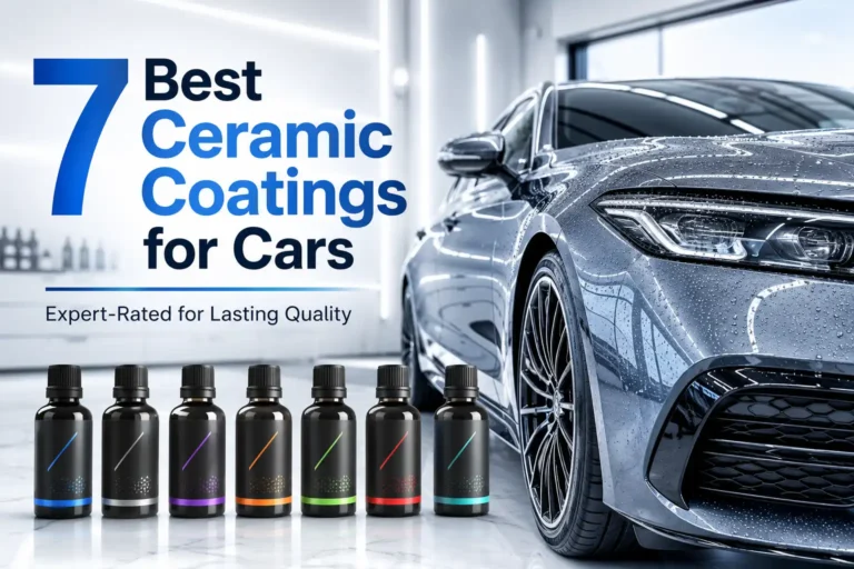 Seven ceramic coating products displayed beside a glossy car with water-beading paint protection