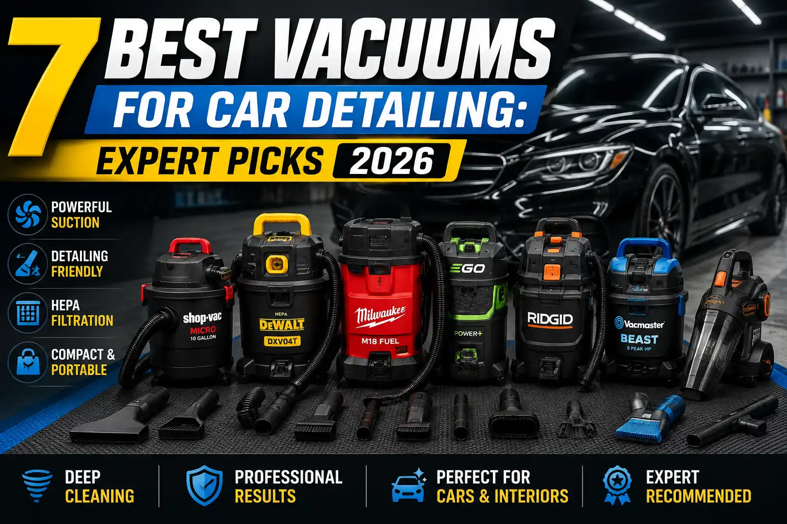 Seven best vacuums for car detailing in 2026 displayed with detailing tools and a clean car interior