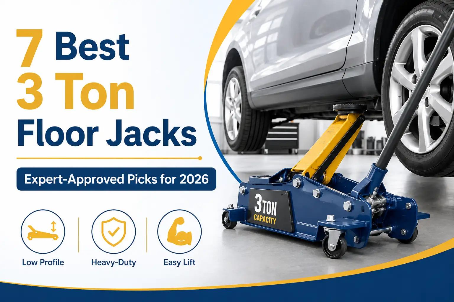 Heavy-duty 3 ton floor jack lifting a car in a garage, highlighting low-profile design, strength, and easy lifting