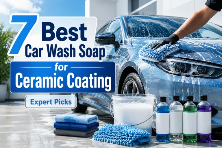 Ceramic-coated blue car being washed with microfiber mitts and expert-recommended car wash soaps