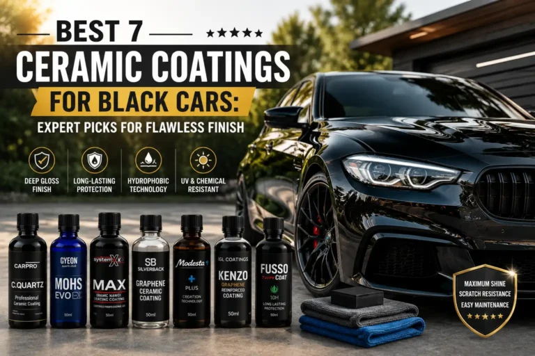 Seven ceramic coating products displayed beside a glossy black car with a flawless reflective finish