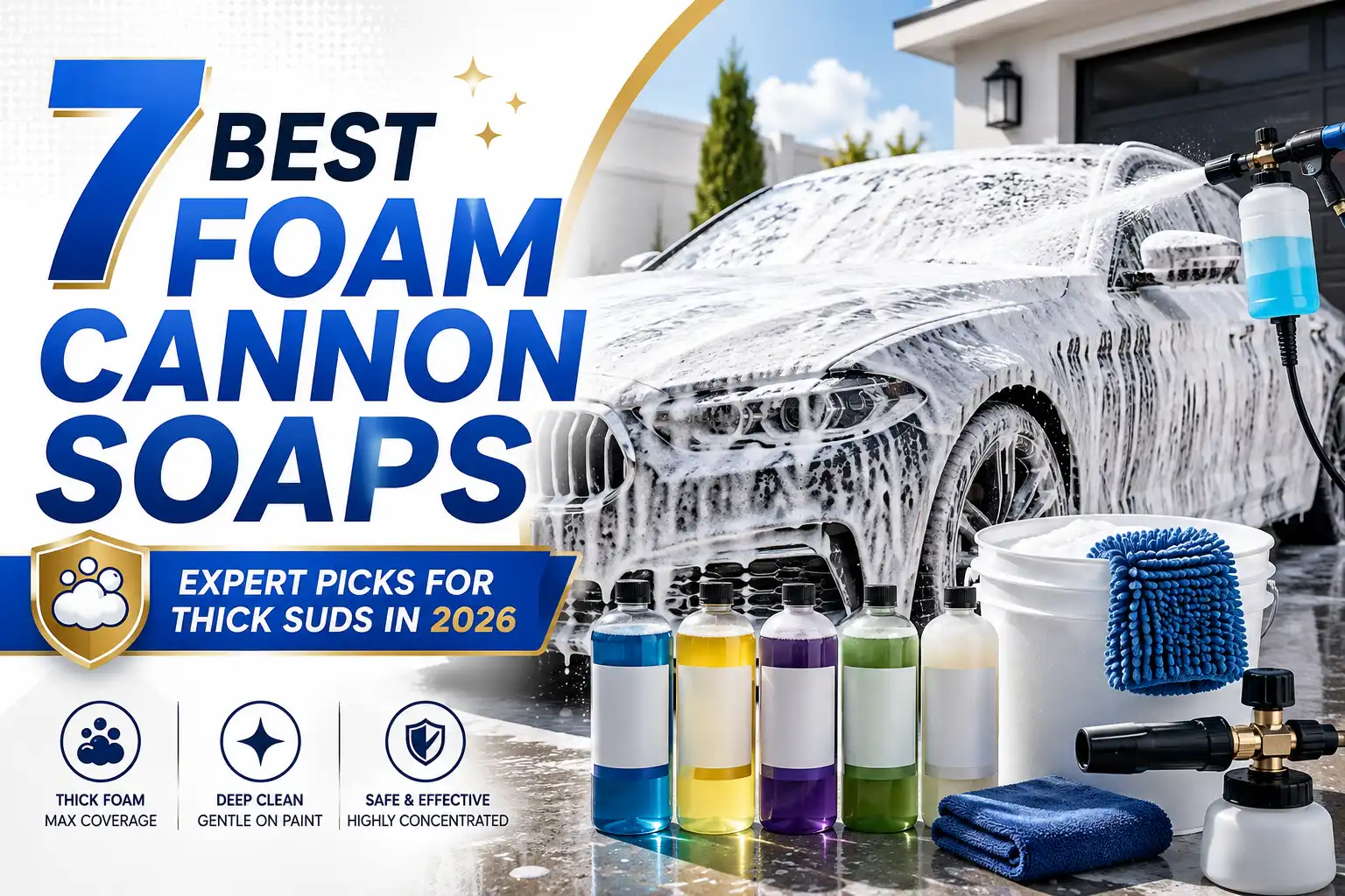 Foam cannon soap covering a car in thick suds with wash solutions, foam cannon, bucket, microfiber mitt, and detailing towels