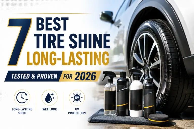 Long-lasting tire shine products beside a glossy car tire, highlighting a wet look, durable shine, and UV protection