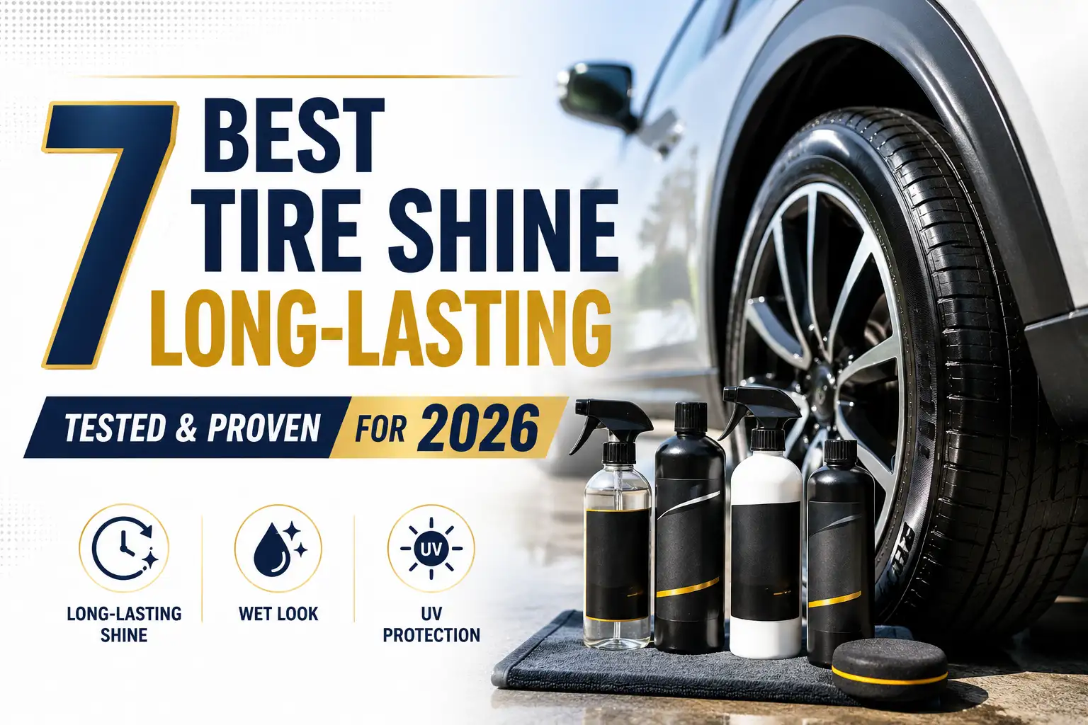 Long-lasting tire shine products beside a glossy car tire, highlighting a wet look, durable shine, and UV protection