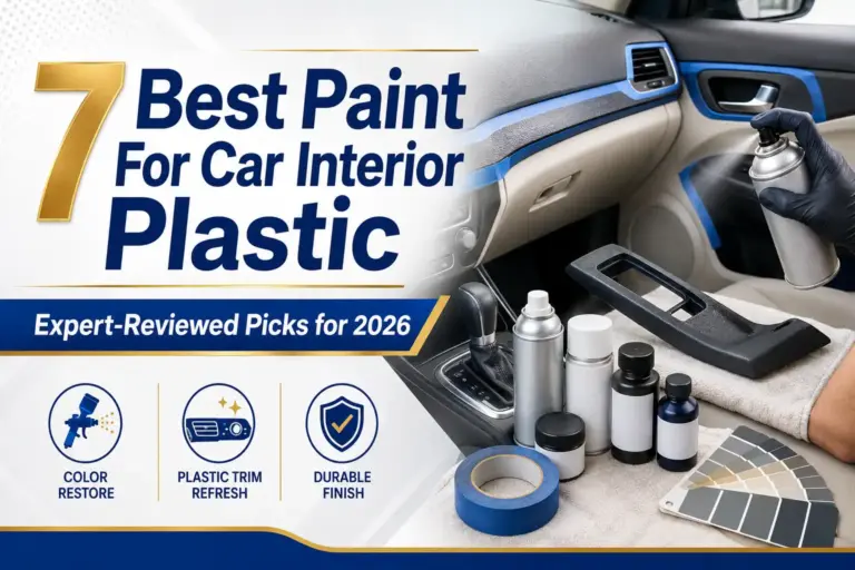 Car interior plastic trim being refinished with spray paint, masking tape, color samples, and plastic restoration products