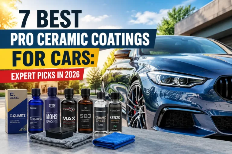 Seven professional ceramic coatings displayed beside a glossy blue car in bright daylight
