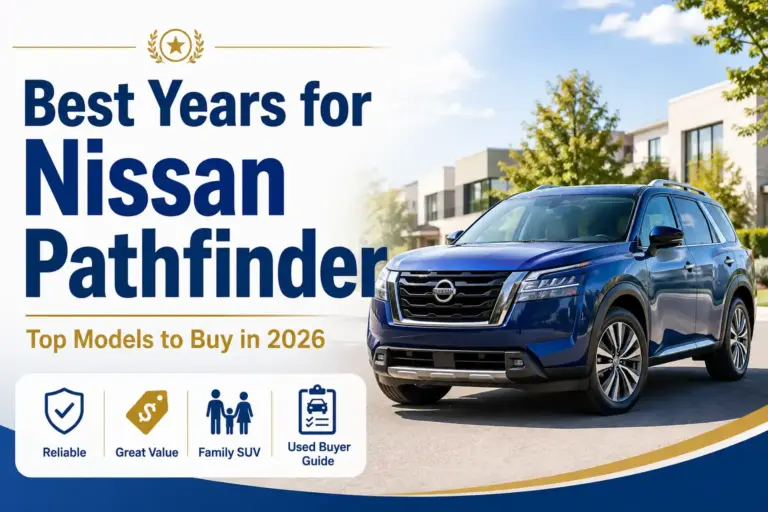 Blue Nissan Pathfinder SUV featured in a 2026 guide to the best model years for reliability, value, and used-car buying