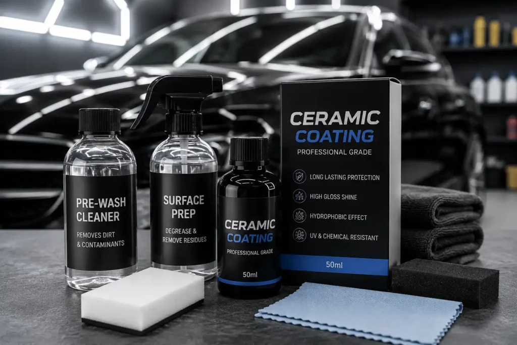 DIY ceramic coating kit with surface prep cleaner, coating, applicator, and microfiber towels