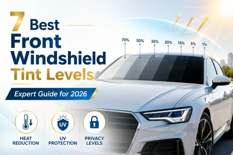 Front windshield tint levels compared from light to dark, showing different visibility, heat reduction, UV protection, and privacy levels