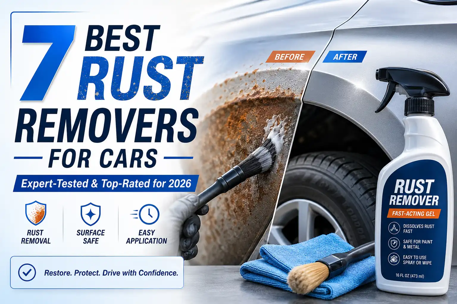 Best rust remover for cars applied to a rusty vehicle panel with a before-and-after restoration result