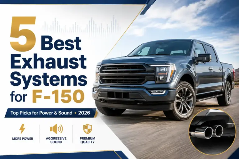 Ford F-150 truck with upgraded dual exhaust system featured in a comparison image for the best F-150 exhaust systems in 2026