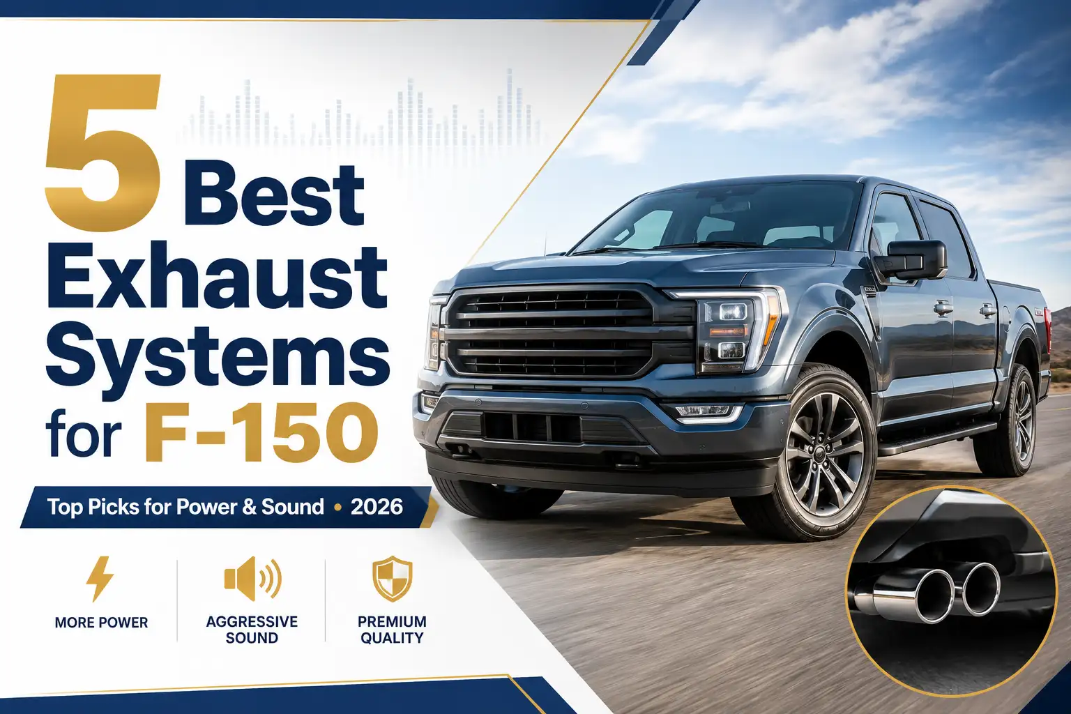 Ford F-150 truck with upgraded dual exhaust system featured in a comparison image for the best F-150 exhaust systems in 2026