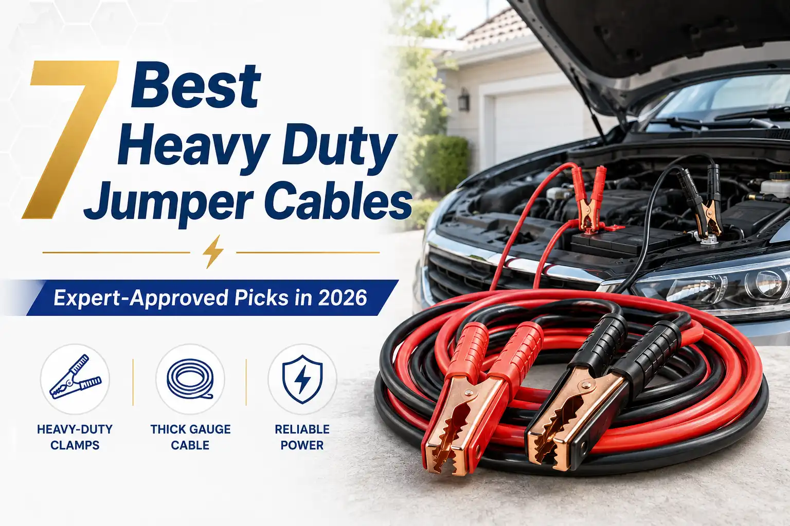 Heavy-duty jumper cables connected to a car battery with thick-gauge cables and strong clamps for reliable jump-starting