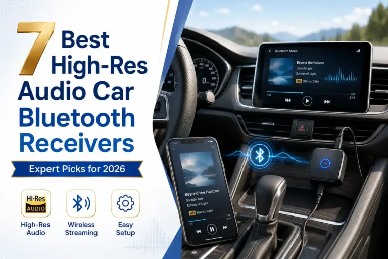 High-res audio car Bluetooth receiver connected to a smartphone and car stereo for wireless music streaming in 2026