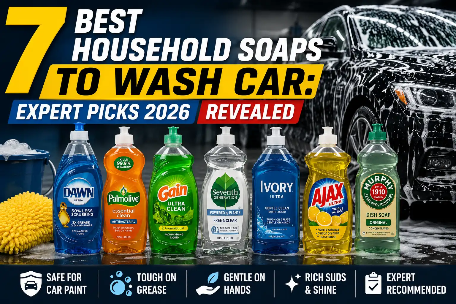 Seven household soaps compared for washing cars with a focus on cleaning performance and car care