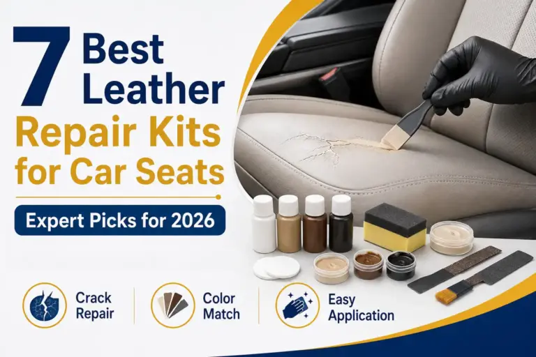 Leather repair kit used on a cracked car seat with color-matching compounds, applicators, and repair tools