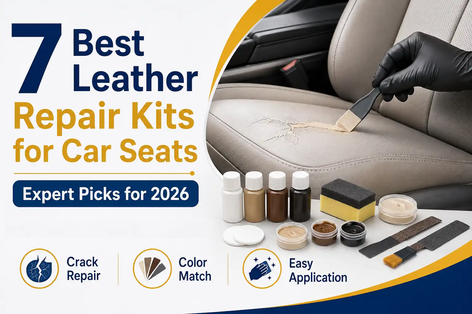 Leather repair kit used on a cracked car seat with color-matching compounds, applicators, and repair tools