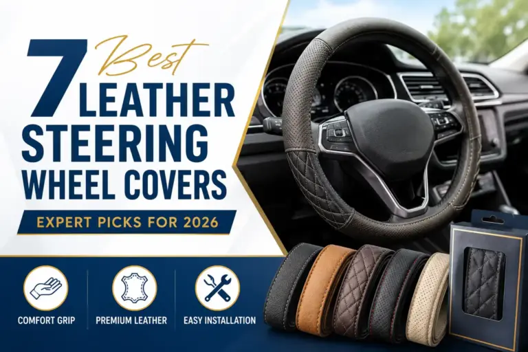 Premium leather steering wheel cover installed in a car interior with multiple leather cover styles for comfort and grip