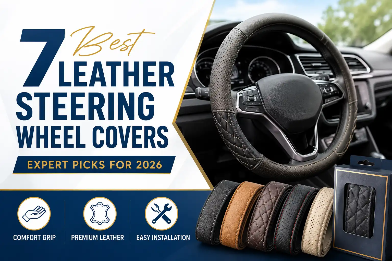Premium leather steering wheel cover installed in a car interior with multiple leather cover styles for comfort and grip