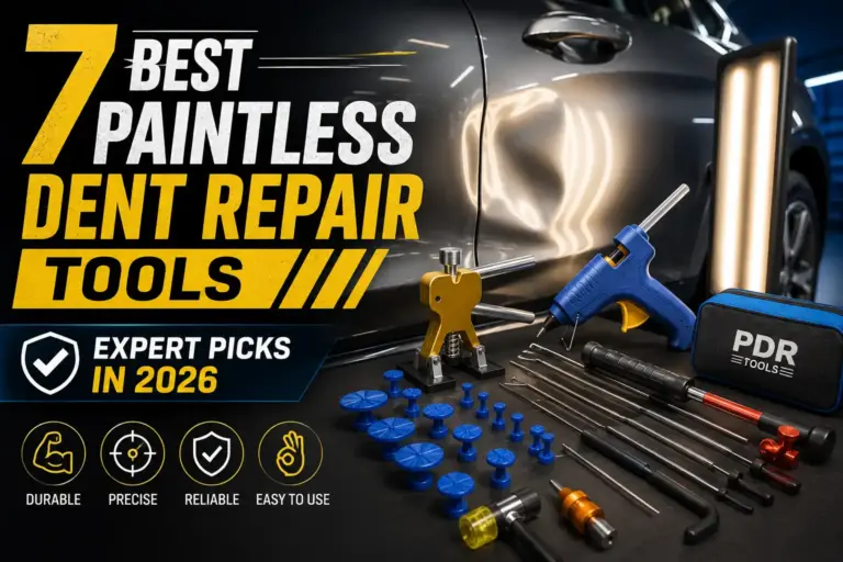 Paintless dent repair tools beside a dented car panel, including PDR rods, glue tabs, puller, hammer, and repair light