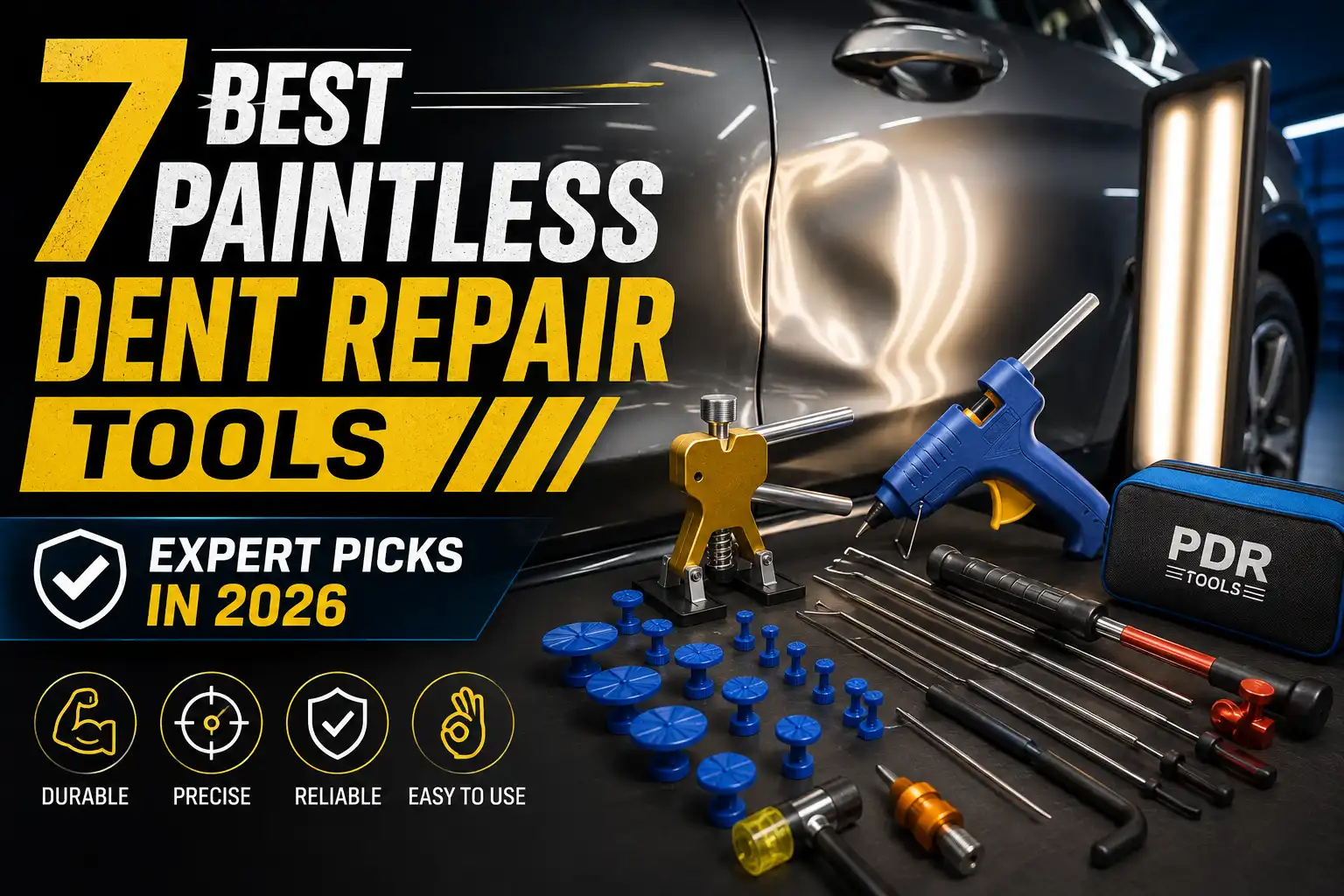Paintless dent repair tools beside a dented car panel, including PDR rods, glue tabs, puller, hammer, and repair light