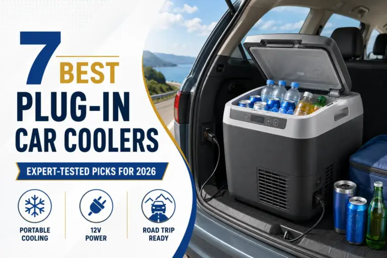 Plug-in car cooler powered inside an SUV cargo area with drinks stored cold for road trips and travel