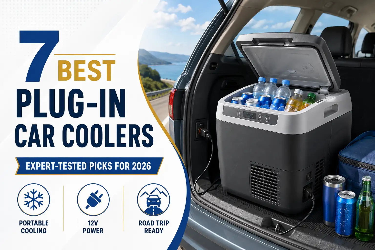 Plug-in car cooler powered inside an SUV cargo area with drinks stored cold for road trips and travel
