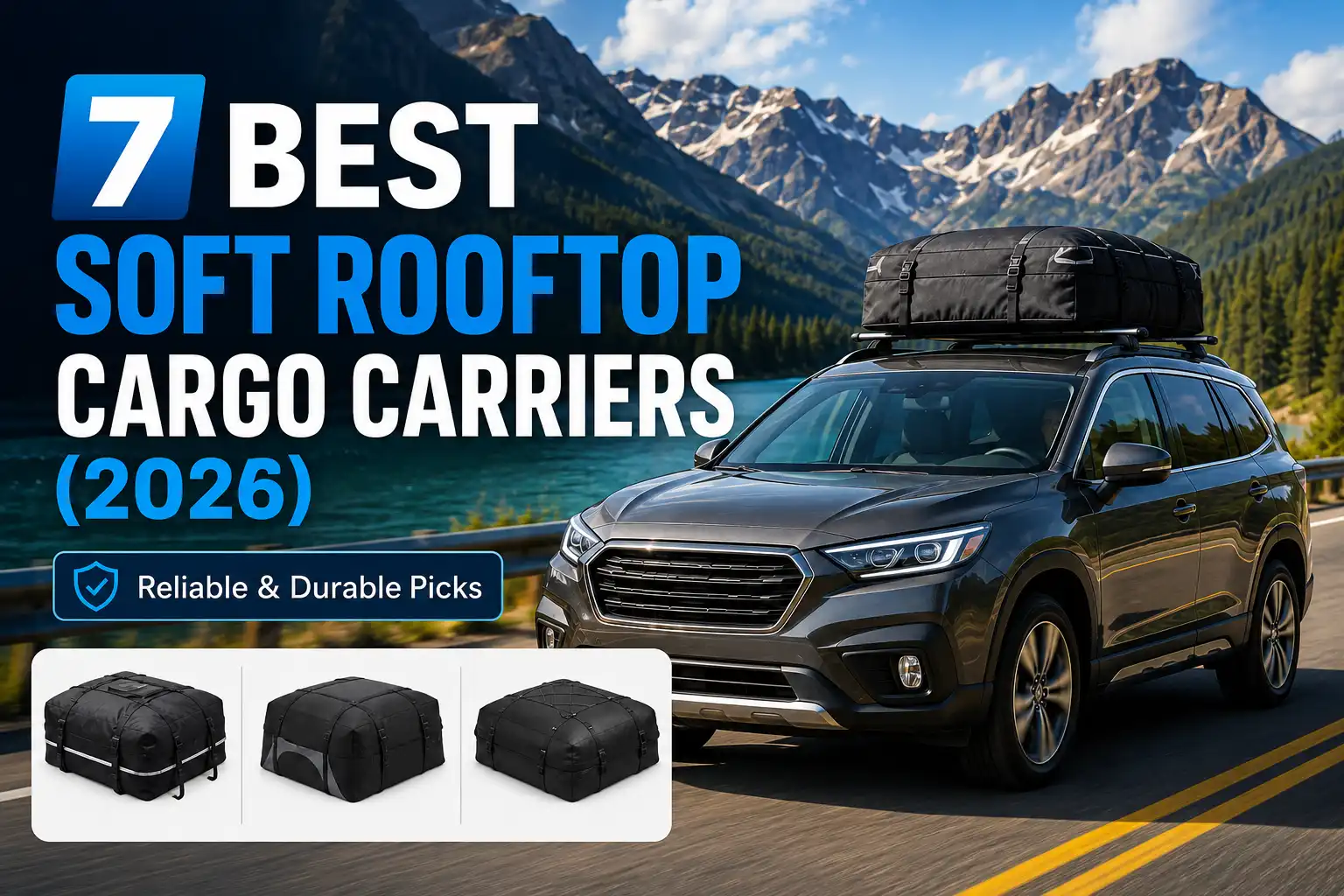 SUV driving with a soft rooftop cargo carrier and three durable carrier options displayed