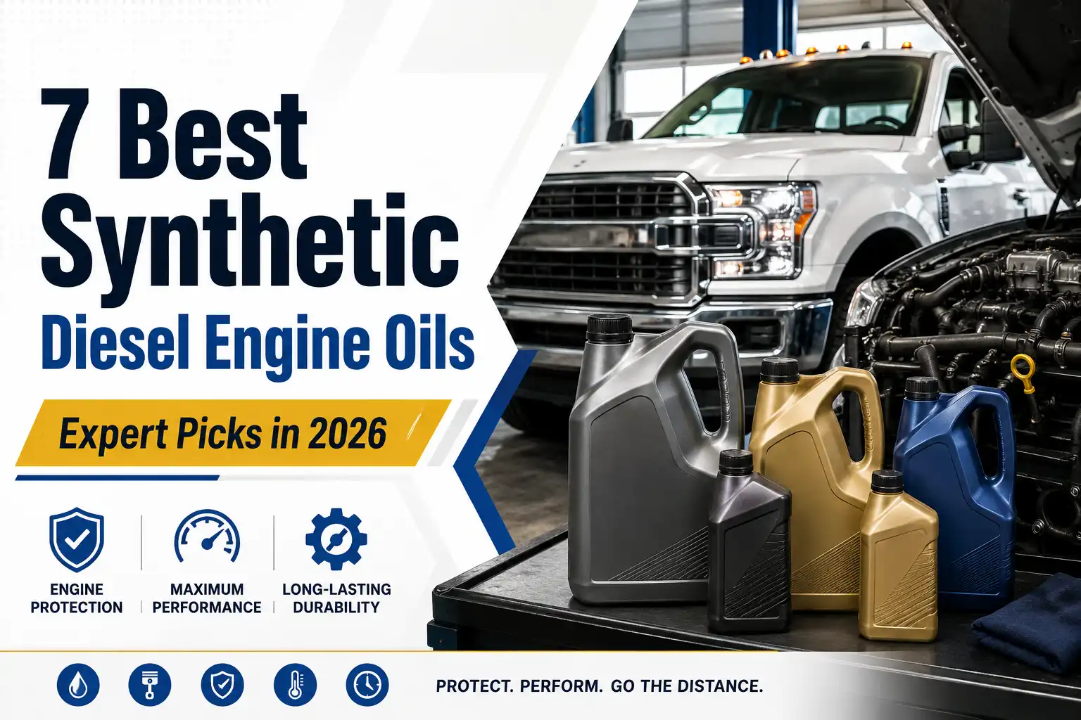Synthetic diesel engine oil containers beside a heavy-duty truck and open diesel engine for protection, performance, and durability