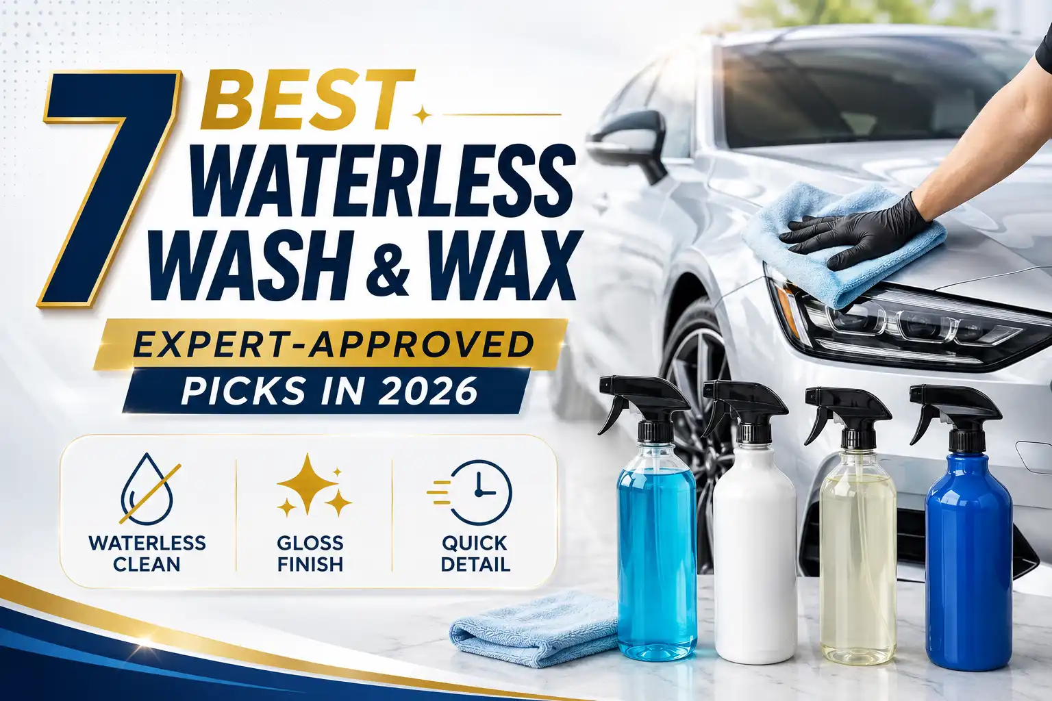 Waterless wash and wax products with microfiber towels for cleaning and adding shine to car paint without rinsing